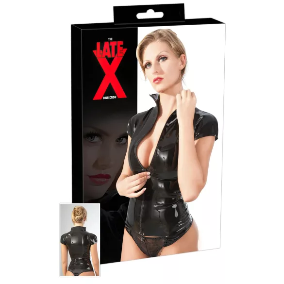 LATEX - naisten lyhythihainen lateksipaita vetoketjulla - musta - L