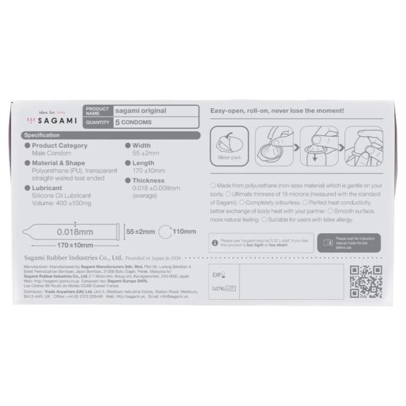 Sagami Original 0.01 - kondomi - ultraohut - 55mm (5 kpl)
