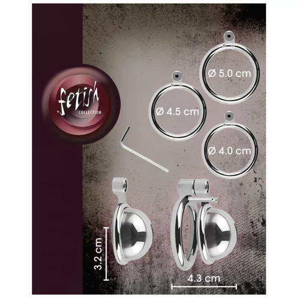 fetish collection - minikokohäkki, jossa 3 vaihdettavaa kivusrengasta (hopea)