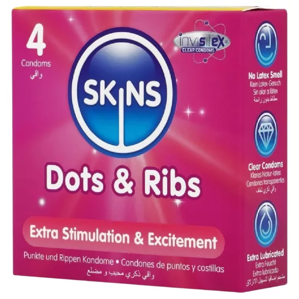 Skins - kondomi - juomutettu ja nystyröity - 4 kpl