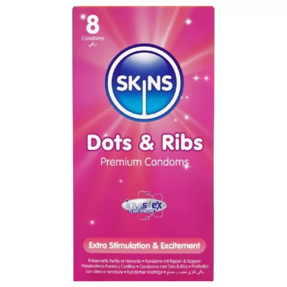 Skins - kondomi - kuvioitu ja nystyröity - 8 kpl