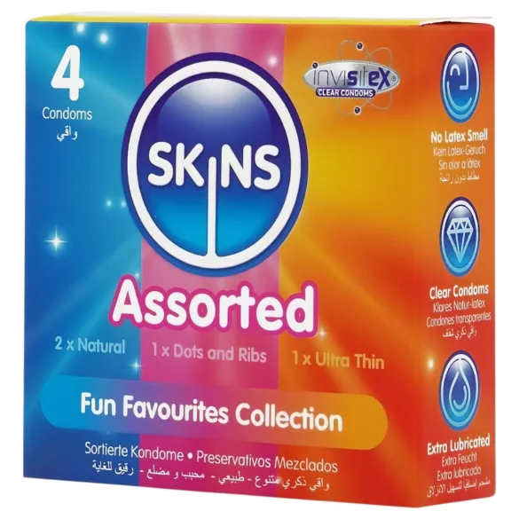 Skins - sekoitus kondomeja - nystyröity, luonnollinen, erityisen ohut (4 kpl)
