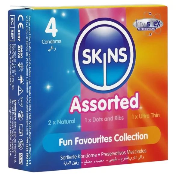 Skins - sekoitus kondomeja - nystyröity, luonnollinen, erityisen ohut (4 kpl)