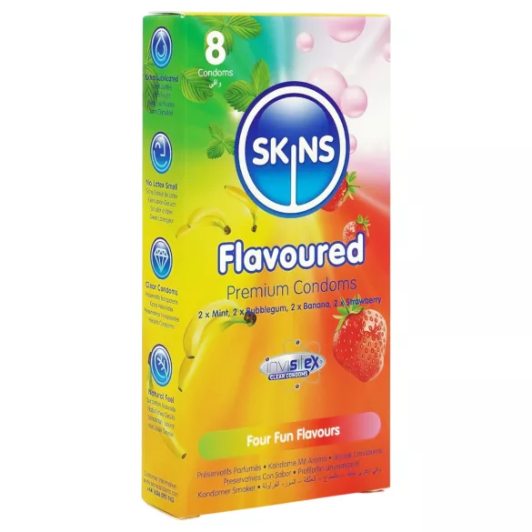 Skins - maustetut kondomit - minttu, purukumi, banaani, mansikka (8 kpl)