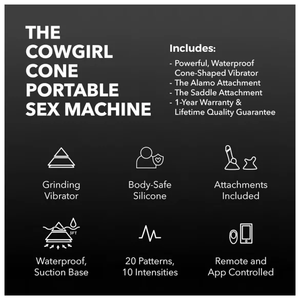 The Cowgirl Cone - sovelluksella ohjattava premium‑seksikone - 2 vaihdettavalla lisäosalla, 20 värinätilaa (musta)