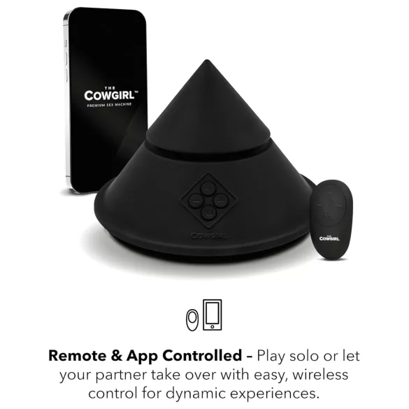 The Cowgirl Cone - sovelluksella ohjattava premium‑seksikone - 2 vaihdettavalla lisäosalla, 20 värinätilaa (musta)