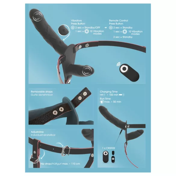 You2Toys - kauko-ohjattava kaksinkertainen strap-on-vibraattori (musta)