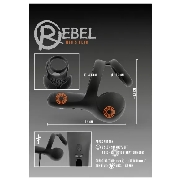 Rebel - värisevä kives‑ ja välilihan kiihotin penirenkaalla (musta)