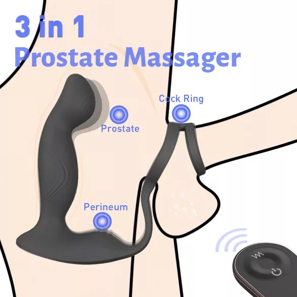 Sex HD Virgil - prostata-vibraattori penis- ja kivesterenkaalla - musta