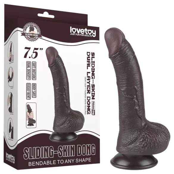 Lovetoy Sliding-Skin - kiinnittyvä kaksikerroksinen dildo - 19,5 cm - ruskea