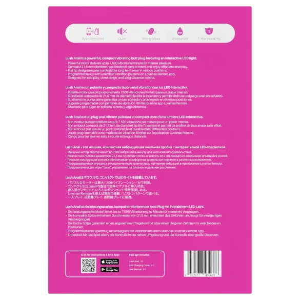 Lovense Lush Anal - Sovelluksella ohjattava anaalivibraattori, LED-valoilla - pinkki