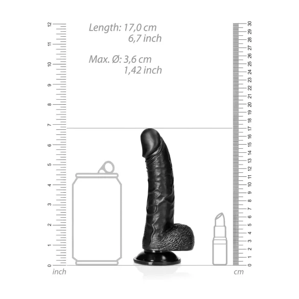 RealRock - imukupilla varustettu, kiveksellinen dildo - 15,5 cm (musta)