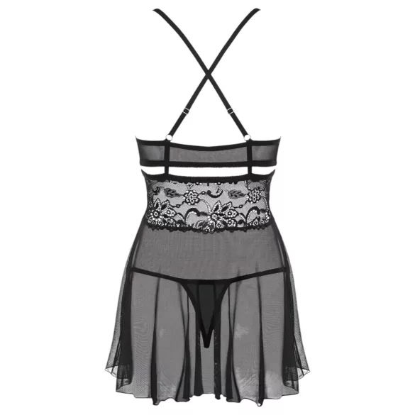 Obsessive 838-BAB-1 - babydoll-setti pitsi läpinäkyvä musta - L/XL
