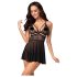 Obsessive 838-BAB-1 - läpikuultava pitsinen babydoll-setti (musta) - XXL