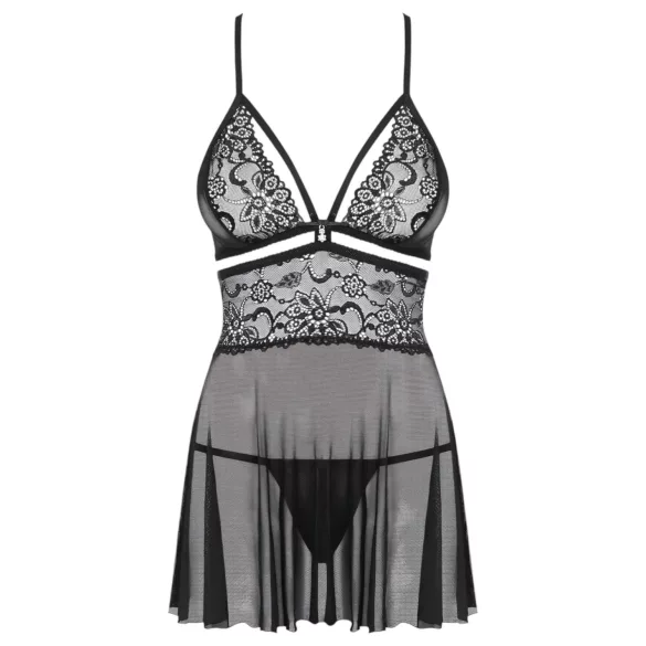 Obsessive 838-BAB-1 - babydoll-setti pitsi läpinäkyvä musta - 2XL/3XL