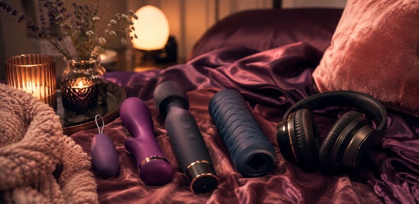 Hiljaiset lelut ja kuulokkeet violetilla satiinilla luovat intiimin ASMR seksitunnelman | Seksikauppa Suomi Desirel.fi